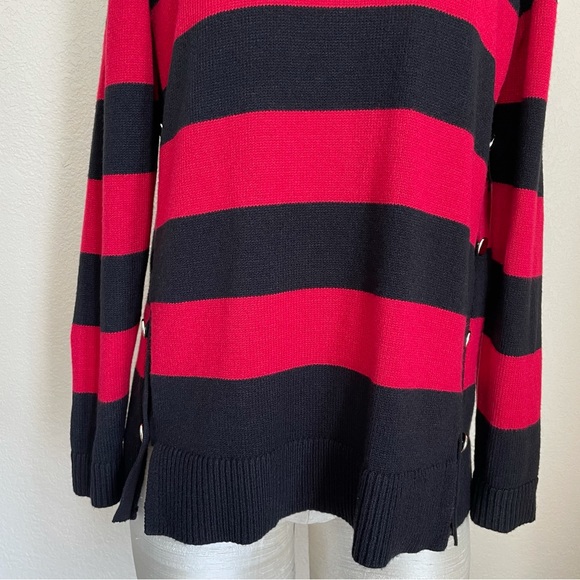 Chico's Cindy Hardware Detail Sweater Red Black Cold Shoulder Size Medium - Picture 5 of 14